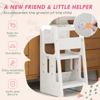 Qaba Toddler Tower with Adjustable Height, Toddler Kitchen Stool Helper with Anti-slip Mat, Step Stool for Kitchen, Bathroom, White(m-7)