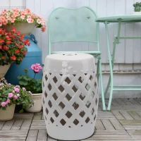 Outsunny 13" x 18" Ceramic Garden Stool with Woven Lattice Design & Glazed Strong Materials Decorative Outdoor Stool, White(m-2)