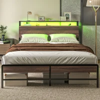 HOMCOM Queen Size Bed Frame with LED Lights and Charging Station, Queen Bed Frame with Storage Headboard, Noise-Free, Walnut(m-2)