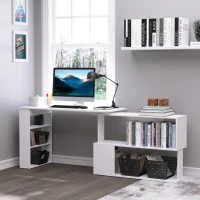 HOMCOM L Shaped Desk, Corner Computer Desk, 360 Degree Rotating Home Office Desk with Storage Shelves, Writing Table Workstation, White(m-10)