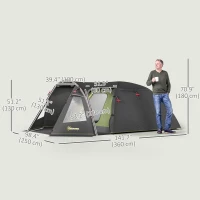 Outsunny 2-4 Man Camping Tent, 3000mm Waterproof Tunnel Tent with 2 Rooms, Sewn-in Groundsheet, 3 Doors and Hook(m-3)