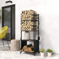 Outsunny 4-Tier Outdoor Indoor Firewood Rack with Wheels and 4 Tools, Powder-Coated Steel Wood Storage Rack Log Holder(m-8)