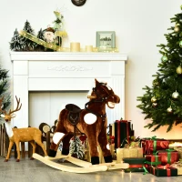 Qaba Kids Metal Plush Ride-On Rocking Horse Chair Toy With Nursery Rhyme Music - Dark Brown(m-10)