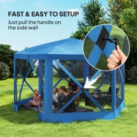 Outsunny 12' x 12' Hexagon Automatic Pop Up Screen Tents, Camping Shelter w/ Mesh Sidewalls and Carry Bag Blue(m-4)