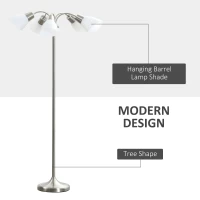 HOMCOM Arc Tree Floor Lamp with 5 Adjustable Rotating Lights, Modern Standing Gooseneck Reading Light for Living Room Bedroom Office, Satin Nickel(m-4)