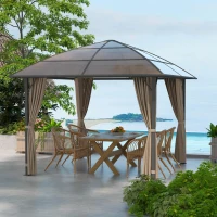 Outsunny 10' x 10' Outdoor Hardtop Gazebo Canopy with UV60+ Polycarbonate Roof, Steel Frame, Central Hook, Curtains, Khaki(m-8)