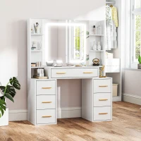 HOMCOM Makeup Vanity Table with Mirror and Lights, Modern Dressing Desk with 7 Drawers, 8 Shelves, 3 Lighting Modes, White(m-8)