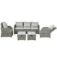 Outsunny 6 Pieces Patio Furniture Set, Conversation Set Wicker Sectional Set Cushioned Outdoor Rattan 3-Seat Sofa, 2 Adjustable Recliners, 2 Footstools & Table Set for Lawn Garden Backyard, Light Grey(m-12)