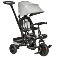 Qaba Kids Tricycle, 4 in 1 Foldable Trike with Reversible Seat, Adjustable Parent Handle, Safety Harness, Wheel Brakes, Removable Canopy, Storage, Tricycle for Toddlers 1-5 Years, Gray(m-12)