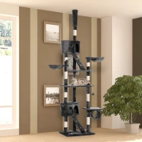 PawHut 94"-102" Floor to Ceiling Cat Tree High Cat Condo Scratching Post Activity Center Multi-Level Play House Dark Grey(m-8)