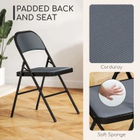 HOMCOM Set of 4 Metal Foldable Chairs, Corduroy Padded Folding Chairs with Cushion Seat and Open Back for Indoor, Grey(m-4)