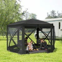 Outsunny 12' x 12' Hexagon Automatic Pop Up Screen Tents, Camping Shelter w/ Mesh Sidewalls and Carry Bag Black(m-8)