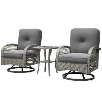 Outsunny Wicker Balcony Furniture with 2 Swivel Rocking Chairs and 2-Tier Glass Coffee Table, 3 Piece Patio Set for Porch, Grey(m-2)