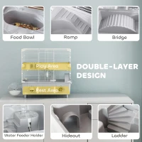 PawHut 2-Tier Hamster Cage with Sand Bathroom, Running Wheel, Water Bottle, Tubes, Accessories, for Dwarf Hamster, Gray(m-4)