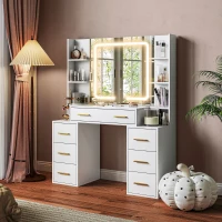 HOMCOM Makeup Vanity Table with Mirror and Lights, Modern Dressing Desk with 7 Drawers, 8 Shelves, 3 Lighting Modes, White(m-1)
