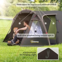 Outsunny 2-4 Man Camping Tent, 3000mm Waterproof Tunnel Tent with 2 Rooms, Sewn-in Groundsheet, 3 Doors and Hook(m-7)