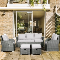 Outsunny 6 Pcs Patio Furniture Set with Wicker Recliner Chairs, PE Wicker Sectional Sofa Set with a 3-Seat Sofa, 2 Footstools, Table, 2 Recliner Chairs, Grey
