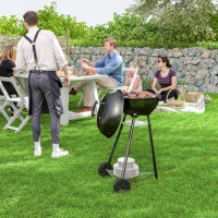 Outsunny 17" Kettle Charcoal BBQ Grill with BBQ Accessories, Barbecue Grill with Shelf, Ash Catcher, Wheels, Handles for Outdoor Cooking, Patio Backyard Party, Black(m-8)