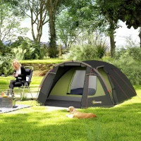 Outsunny 2-4 Man Camping Tent, 3000mm Waterproof Tunnel Tent with 2 Rooms, Sewn-in Groundsheet, 3 Doors and Hook(m-1)