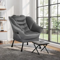 HOMCOM Lazy Chair and Ottoman Set, Fabric Upholstered Accent Chair with Side Pockets, for Living Room, Bedroom, Gray(m-6)