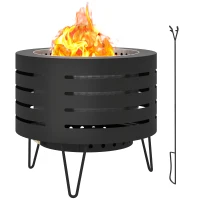Outsunny Round Fire Pit with Fire Poker, Portable Wood Burning Firepit with Ash Tray and Hairpin Legs, Outdoor Fireplace, Black(m-11)