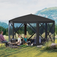 Outsunny 12' x 12' Hexagon Automatic Pop Up Screen Tents, Camping Shelter w/ Mesh Sidewalls and Carry Bag Black