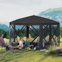 Outsunny 12' x 12' Hexagon Automatic Pop Up Screen Tents, Camping Shelter w/ Mesh Sidewalls and Carry Bag Black(m-1)
