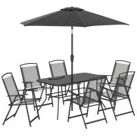 Outsunny 8 Piece Outdoor Dining Set, Patio Furniture Set with Umbrella, 6 Folding Chairs, Rectangle Table and Mesh Seat, Black(m-12)