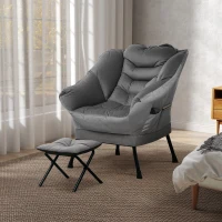 HOMCOM Lazy Chair and Ottoman Set, Fabric Upholstered Accent Chair with Side Pockets, for Living Room, Bedroom, Gray(m-7)