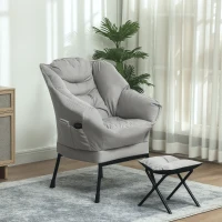 HOMCOM Lazy Chair and Ottoman Set, Fabric Upholstered Accent Chair with Side Pockets, for Living Room, Bedroom, Light Gray(m-10)
