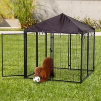 PawHut 4.6' x 4.6' x 5' Outdoor Dog Kennel, Welded Wire Heavy Duty Dog Run, Dog Kennel Outside with Waterproof & UV Resistant Cover, for S&M Dogs, Black(m-12)