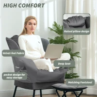HOMCOM Lazy Chair and Ottoman Set, Fabric Upholstered Accent Chair with Side Pockets, for Living Room, Bedroom, Gray(m-4)