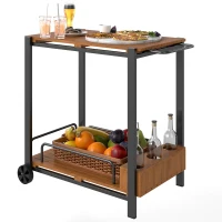 Outsunny Acacia Wood Outdoor Bar Cart with Wheels, Rolling 2-Tier Coffee & Drink Cart with 3 Bottle Holders, Teak(m-1)