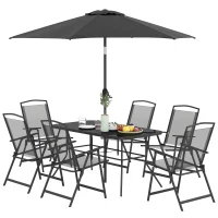 Outsunny 8 Piece Outdoor Dining Set, Patio Furniture Set with Umbrella, 6 Folding Chairs, Rectangle Table and Mesh Seat, Black(m-1)