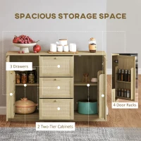 HOMCOM Boho Sideboard Buffet Cabinet, Kitchen Coffee Bar Cabinet with 3 Drawers, 2 Adjustable Shelves and 4 Racks, Natural(m-5)