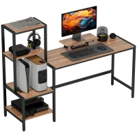 HOMCOM Computer Desk, 67" CPU Desk with Monitor Stand, Reversible 4-Tier Shelf, Industrial Writing Desk for Study Room, Brown(m-11)