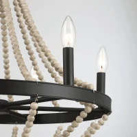 Starry Wood Chandelier with Farmhouse Six Candle Light Pendant, Wood Beads, Perfect for Dining Room, 22" L x 22" W x 25.5" H, Black+Clear(m-6)