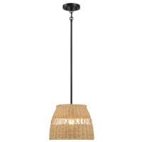 Farmhouse Style Single Light Pendant with Rattan Shade, Black Metal Finish, Ideal for Homer Decor, 12" L x 12" W x 10" H, Black(m-2)