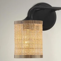 Double Light Vanity Wall Lamp with Natural Rattan Shade, Metal Construction, Ideal for Bathroom Decor, 7" L x 10" W x 12.5" H, Black(m-6)