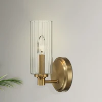 Single Light Wall Sconce with Clear Ribbed Glass, Satin Brass Finish, Elegant Home Lighting Solution, 5" L x 5" W x 10" H, Clear+Gold(m-2)