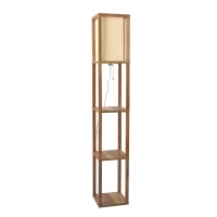 Pinnacle Shelf Floor Lamp with Built-in Shelves, Natural Wood and Long Shade, 10" L x 10" W x 62" H, Natural+White(m-2)