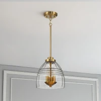 Three Candle Lights Chain Pendant with Clear Glass, Satin Brass Finish, Elegant Lighting Fixture for Home Decor, 10" L x 10" W x 11" H, Clear+Gold(m-1)
