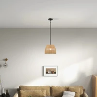 Farmhouse Style Single Light Pendant with Rattan Shade, Black Metal Finish, Ideal for Homer Decor, 12" L x 12" W x 10" H, Black(m-4)