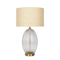 Aurora Ribbed Glass Table Lamp with Large Linen Shade, Elegant Design and Golden Base, 12" L x 12" W x 17" H, Beige+Clear(m-2)