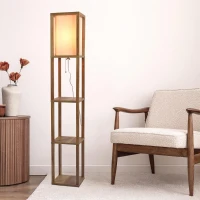 Pinnacle Shelf Floor Lamp with Built-in Shelves, Natural Wood and Long Shade, 10" L x 10" W x 62" H, Natural+White(m-5)