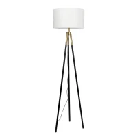 Elegant Brassed Floor Lamp with On/Off Switch, Triple Legs, Fabric Shade, Ideal for Home Decor, 15" L x 15" W x 60" H, Black+White(m-2)