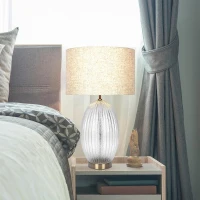 Aurora Ribbed Glass Table Lamp with Large Linen Shade, Elegant Design and Golden Base, 12" L x 12" W x 17" H, Beige+Clear(m-4)