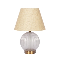 Round Ribbed Glass Table Lamp with Large Linen Shade, E26 Rotary Switch, Ideal for Living Room, Study, 12" L x 12" W x 17" H, Clear+Natural