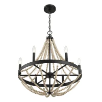 Starry Wood Chandelier with Farmhouse Six Candle Light Pendant, Wood Beads, Perfect for Dining Room, 22" L x 22" W x 25.5" H, Black+Clear(m-7)
