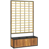 Outsunny Wooden Raised Garden Bed with Trellis, Removable Pots for Backyard, Patio, Balcony, 29" x 11" x 52", Teak(m-12)
